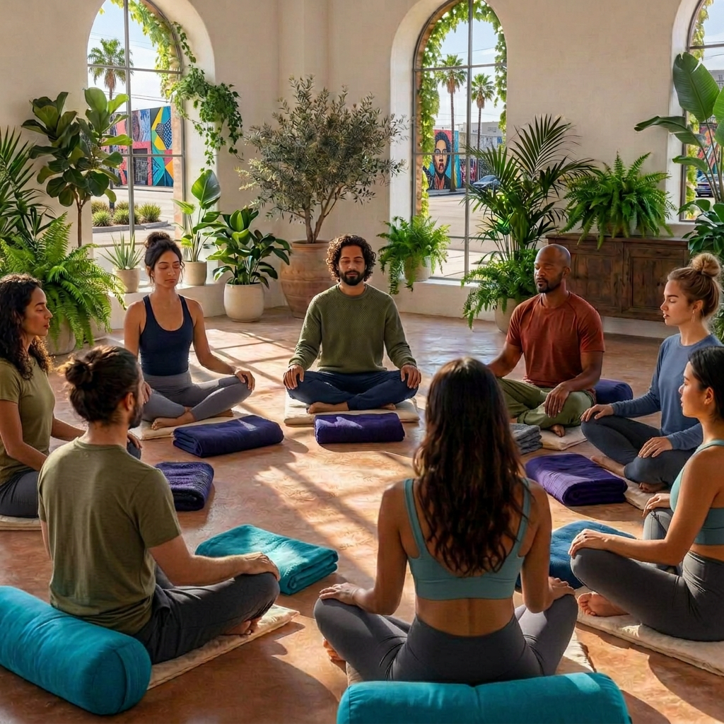 A breathwork circle in a sunlit room