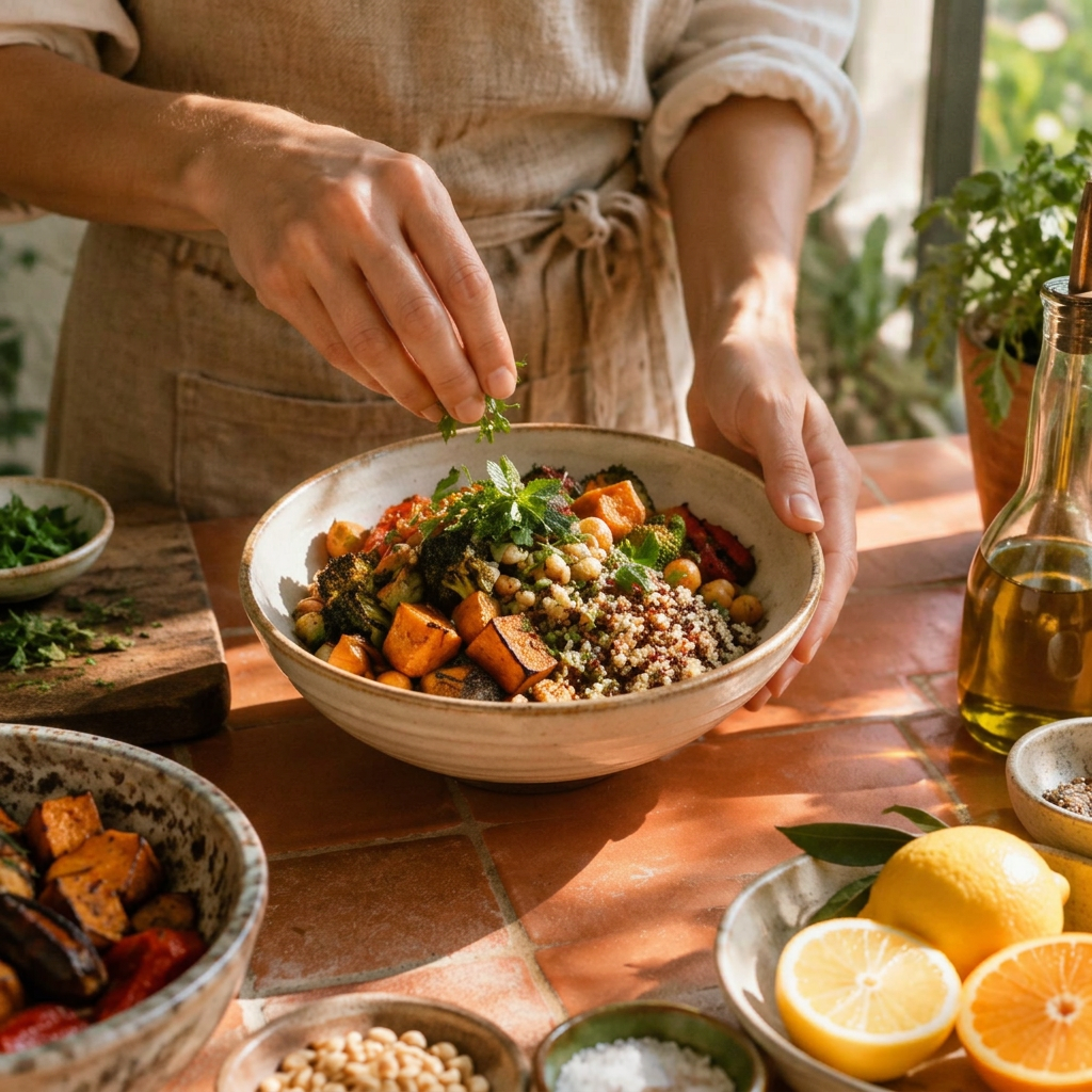 Hands plating a bowl of fresh food
